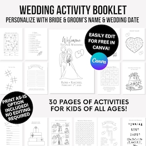 May include: Black and white printable wedding activity booklet with 30 pages of activities for kids of all ages. The booklet includes a welcome sign with the text "Welcome to Our Wedding" and the names "Ross + Rachel" and the date "February 2nd, 2026".