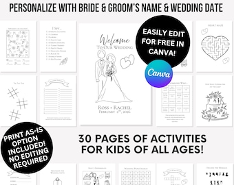 Personalisierte Kinder Hochzeit Aktivitäten Buch bearbeitbar, Braut Malblätter, lustige Kinder-Booklet für den Empfang, Shower Pack Template Custom