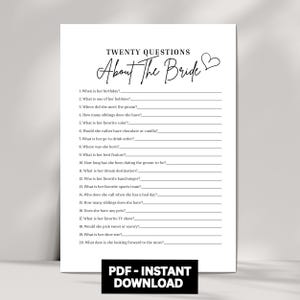 20 Questions Bridal Shower Game, Twenty Questions About the Bride Printable Bridal Shower Games, Wedding Shower 20 Questions Game Minimalist