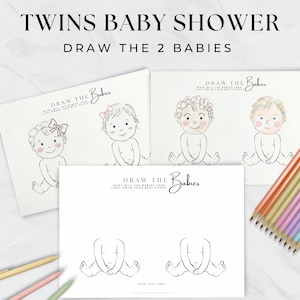 May include: Baby shower game cards with the text "TWINS BABY SHOWER DRAW THE 2 BABIES". The cards feature illustrations of babies and prompts to draw the babies. Colored pencils are visible.
