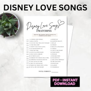 Könnte beinhalten: Ein ausdruckbares Disney Love Songs-Zuordnungsspiel mit weißem Hintergrund. Das Spiel enthält eine Liste von Songtiteln und Filmtiteln zum Zuordnen. Die Wörter "Disney Love Songs" und "Matching" stehen oben. In der unteren rechten Ecke steht der Text "PDF - SOFORT-DOWNLOAD".