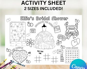 Personalized Bridal Shower Activity Sheet For Kids, Editable Canva Activity Placemat for Wedding Shower, Kid Activities For Wedding Template