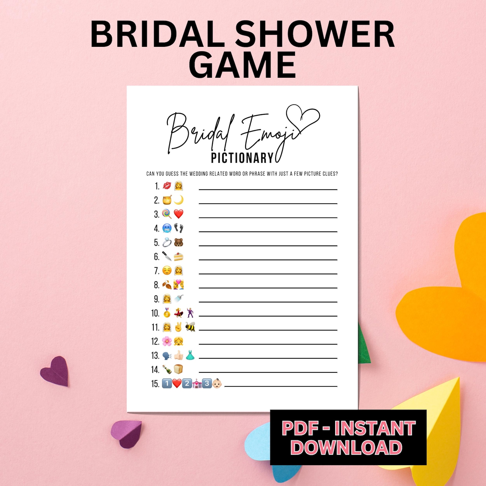 Bridal Emoji Game &amp; Answers | Bridal Shower Emoji Pictionary Printable ...