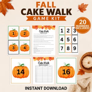 May include: A Fall Cake Walk game kit featuring printable sheets with orange pumpkin illustrations numbered 1 through 20, a how-to-play instruction sheet, and a sign-up sheet. The design includes autumn leaf accents and clear black text.