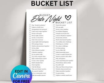 Date Night Ideas on a Budget for Couples Bucket List Editable, Date Night Bucket List Template, Dates for Couples List, Canva Editable PDF