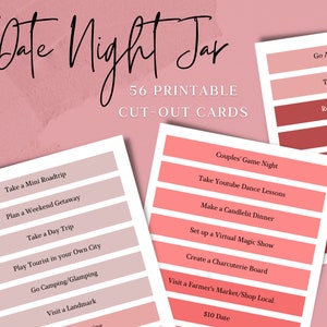 Cartes imprimables en pot d'idées « Date Night » | Cartes postales en bocal pour un rendez-vous romantique | Idées de rendez-vous amoureux | Cadeau en bocal avec rendez-vous romantique pour les couples