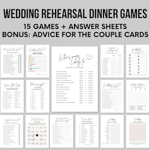 May include: A set of 15 printable wedding rehearsal dinner games with answer sheets. The games include "Who's More Likely To", "Wedding Superlatives", "Wedding Grab", "Wedding Scavenger Hunt", "Higher or Lower", "Find the Guest Bingo", "Twenty Questions About the Couple", "I Love You Around the World", "Wedding Word Scramble", "Wedding Word Search", "He Said She Said", "Wedding Menu Emojis", "Name That Cake", "Movie Couples Matching", and "Wedding Wishes".