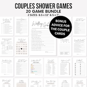 May include: A collection of 20 printable couples shower games in two sizes, 8.5 x 11 inches and 5 x 7 inches. The games include bingo, trivia, and word puzzles, all with a wedding theme. Bonus advice cards are also included.