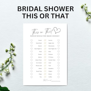 Puede incluir: Un juego de despedida de soltera imprimible con el título "This or That" y una lista de preguntas para que los invitados adivinen las preferencias de la novia. Las preguntas incluyen "Dulce o Salado", "Madrugador o Trasnochador", "Playa o Montaña", y más.