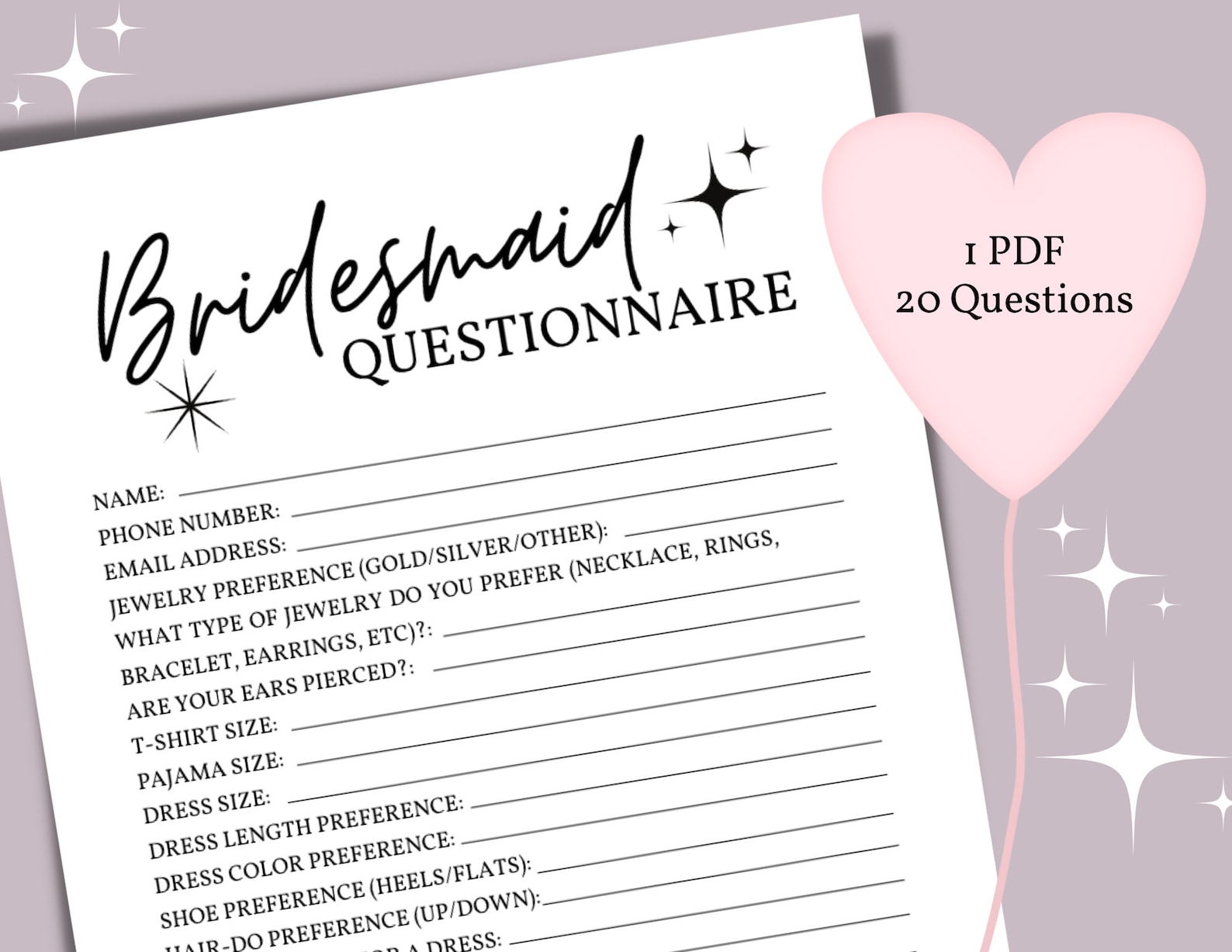 Bridesmaid Questionnaire Printable Bridesmaid Questions to Ask PDF