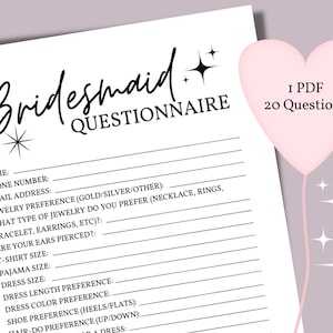 Bridesmaid Questionnaire Printable | Bridesmaid Questions To Ask PDF | Questions To Ask Your Bridesmaid Form | Get To Know Your Bridesmaids