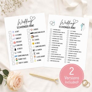 May include: Two white paper wedding scavenger hunt game cards with black text and small colorful icons. The cards feature checklists for wedding-themed items to find, including a gift, flower, jewelry, dessert, dancing, dress, hug, and a ring.