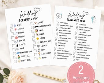 Pode incluir: Dois cartões de papel branco para um jogo de caça ao tesouro de casamento com texto em preto e pequenos ícones coloridos. Os cartões apresentam listas de verificação de itens com tema de casamento para encontrar, incluindo um presente e um anel.