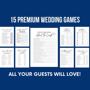 May include: A set of 15 printable wedding games, including "Ho Said She Said", "Wedding Movie Emo Pictionary", "Twenty Questions About The Couple", "Wedding Scavenger Hunt", "Wedding Bingo", "Wedding Grab", and "Who's More Likely To".