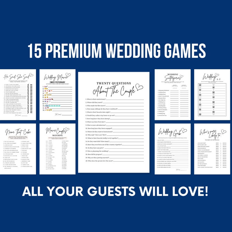 May include: A set of 15 printable wedding games, including "Ho Said She Said", "Wedding Movie Emo Pictionary", "Twenty Questions About The Couple", "Wedding Scavenger Hunt", "Wedding Bingo", "Wedding Grab", and "Who's More Likely To".