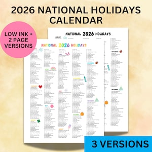 2026 National Holidays Calendar Printable, Funny Holiday List, Wacky Holidays To Celebrate, National Days 2026 Homeschool Print, Teacher Day