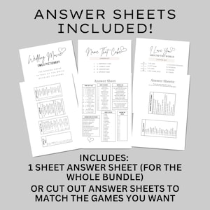 May include: White paper sheets with wedding game titles like "Wedding Movie Emoji Pictionary" and "Name That Cake." Text includes "Answer Sheets Included!" and "Includes: 1 Sheet Answer Sheet (for the whole bundle) or cut out answer sheets to match the games you want."