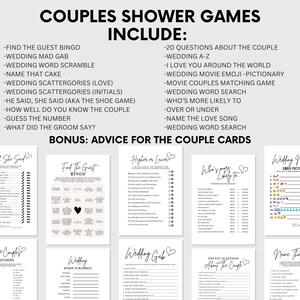 May include: A collection of printable couples shower games, including bingo, word scrambles, and trivia. The games feature a black and white design with various fonts and graphics, perfect for a wedding celebration.