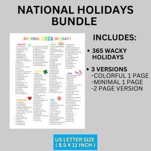 Pode incluir: Um infogr&aacute;fico colorido intitulado "National Holidays Bundle" lista 365 feriados malucos para 2026. O pacote inclui tr&ecirc;s vers&otilde;es: uma colorida de uma p&aacute;gina, uma minimalista de uma p&aacute;gina e uma vers&atilde;o de duas p&aacute;ginas. Tamanho do papel: 21,6 x 27,9 cm.