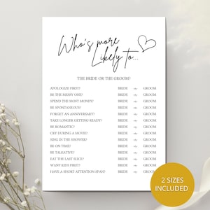 Gioco "Chi è più probabile che si sposerà al Bridal Shower", gioco "Chi è più probabile che si sposerà al Bridal Shower" stampabile, download digitale, quiz sulla sposa o sullo sposo per il Bridal Shower