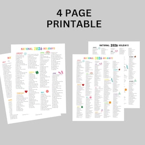 Pode incluir: Documento imprim&iacute;vel de quatro p&aacute;ginas com uma lista de feriados nacionais para 2026. O documento &eacute; branco com cabe&ccedil;alhos e &iacute;cones coloridos para cada m&ecirc;s. O texto "4 PAGE PRINTABLE" est&aacute; no topo.