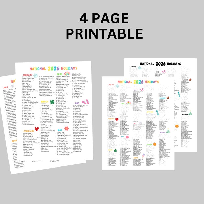 Pode incluir: Documento imprim&iacute;vel de quatro p&aacute;ginas com uma lista de feriados nacionais para 2026. O documento &eacute; branco com cabe&ccedil;alhos e &iacute;cones coloridos para cada m&ecirc;s. O texto "4 PAGE PRINTABLE" est&aacute; no topo.