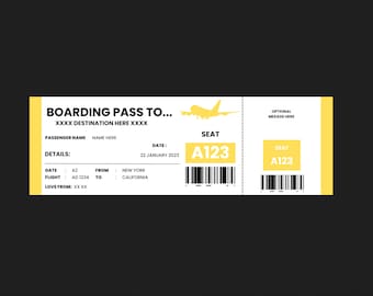 Print at home Boarding Pass Airline Ticket, Flight Gift Voucher, Instant download, Editable PDF