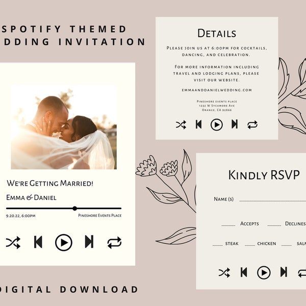 Cute Spotify Themed Wedding Invitation Digital Download | Customizable Wedding Invitation with RSVP | Music Lover Wedding | Spotify Wedding