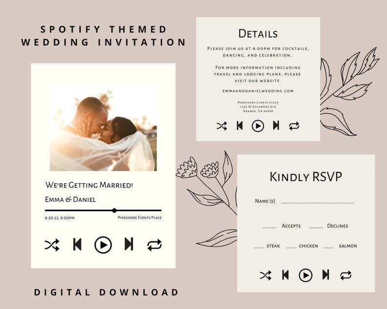 May include: A digital wedding invitation with a Spotify theme. The invitation features a photo of a couple, a Spotify-style music player with play and pause buttons, and the text "We're getting married! Emma & Daniel".