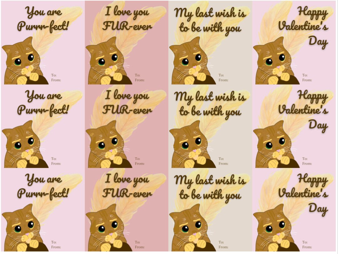 Puss in Boots Kids Valentine Card Pack Printable Valentines for Classmates Shrek Puss in Boots