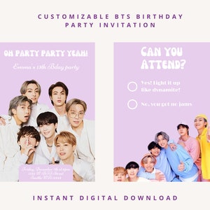 Invitation de fête d'anniversaire numérique sur le thème BTS | Faire-part imprimable personnalisé | Oh Fête Fête Ouais