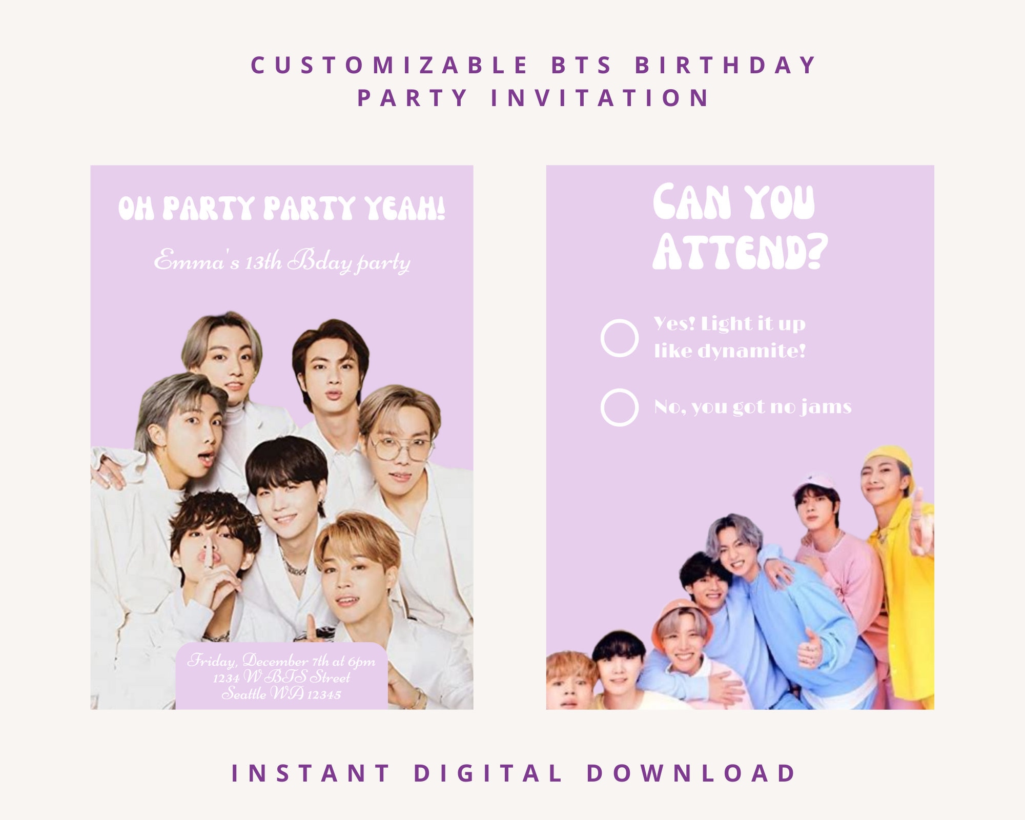 BTS Themed Digital Birthday Party Invitation Custom 