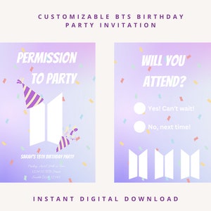 Modèle d'invitation d'anniversaire BTS permission de danser | Modèle en téléchargement numérique | Imprimable et personnalisé | Invitation à une fête BT21