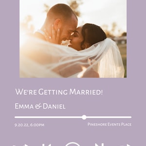May include: A wedding invitation announcement with a photo of a couple kissing. The text reads "We're getting married! Emma & Daniel" and "9.20.22, 6:00PM Pineshore Events Place".