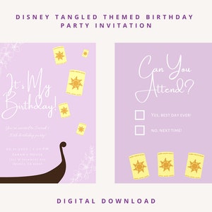 May include: A digital invitation for a Disney Tangled-themed birthday party. The invitation features a light purple background with floating lantern illustrations. Text includes "It's My Birthday!" and "Can You Attend?" with check boxes. The invitation is a digital download.