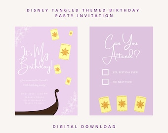 May include: A digital invitation for a Disney Tangled-themed birthday party. The invitation features a light purple background with floating lantern illustrations. Text includes "It's My Birthday!" and "Can You Attend?" with check boxes. The invitation is a digital download.