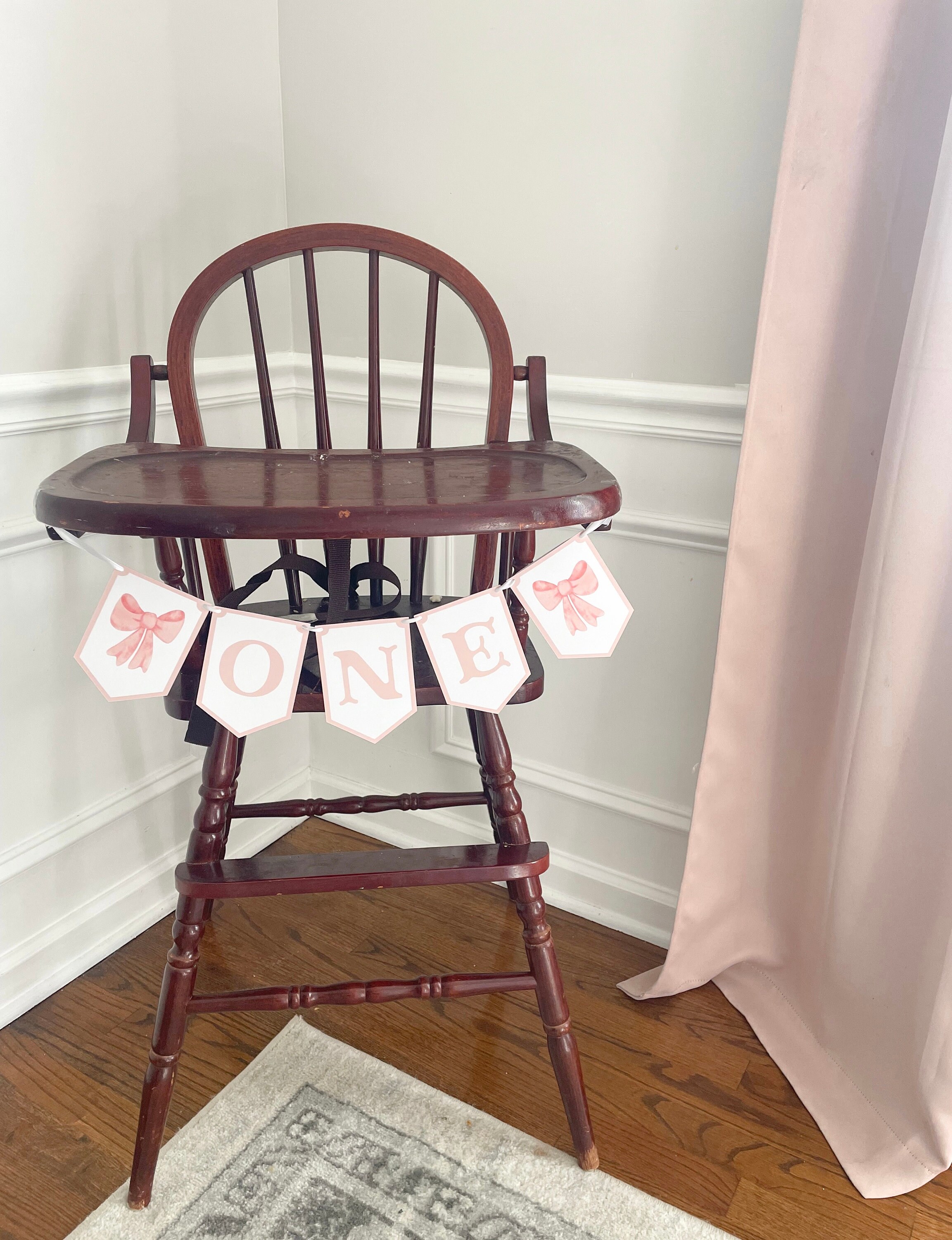 Pink bow first “ONE” birthday classic high chair banner