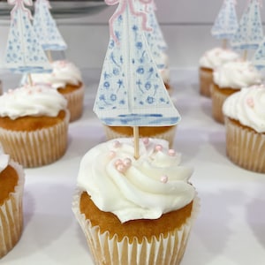 Sailboat cupcake toppers theme baby shower birthday girl sweet classic pink sail boat first birthday sailabrate spring summer beach