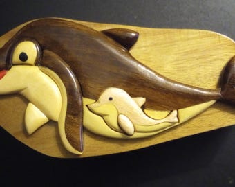 Joyero de madera 3D con diseño de delfín y bebé, hecho a mano, con rompecabezas, organizador de recuerdos de vida marina para amantes de los delfines.