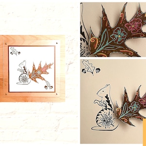 The Happy Squirrel (flower tail), Leaf Wall Art, Nature Collage, Presssed Leaves, Painted Leaves, Framed Wall Art, Nature Wall Art