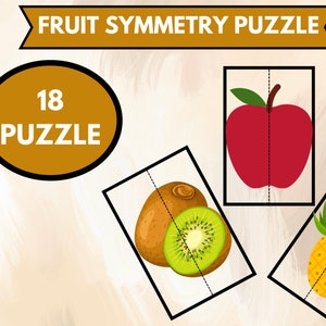 ROMPECABEZAS DE FRUTAS: SIMETRÍA / tarjetas de combinación, rompecabezas para niños pequeños, reconocimiento de frutas, simetría, preescolar, prejardín de infantes, montessori, educación en el hogar.