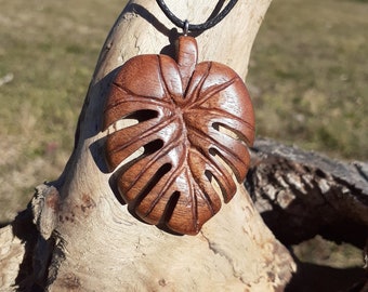 Handmade wooden monstera leaf necklace for women or men / exotic leaf pendant