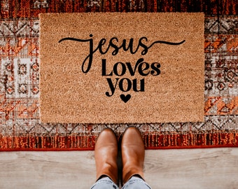 Jesus Loves You Doormat | Religious Gift Wedding Gift for Home Decor Gifts Housewarming Gift New Home Gift Bible Verse Gift Christian Gifts