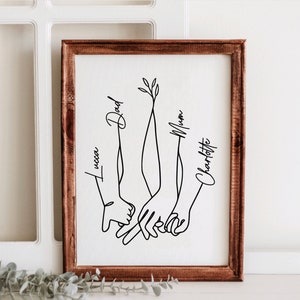 Personalised Family Holding Hands Sign | Hand Line Art Custom Family Sign with Names Signs Family of 4 Gift for Home Gift for Mother Gift