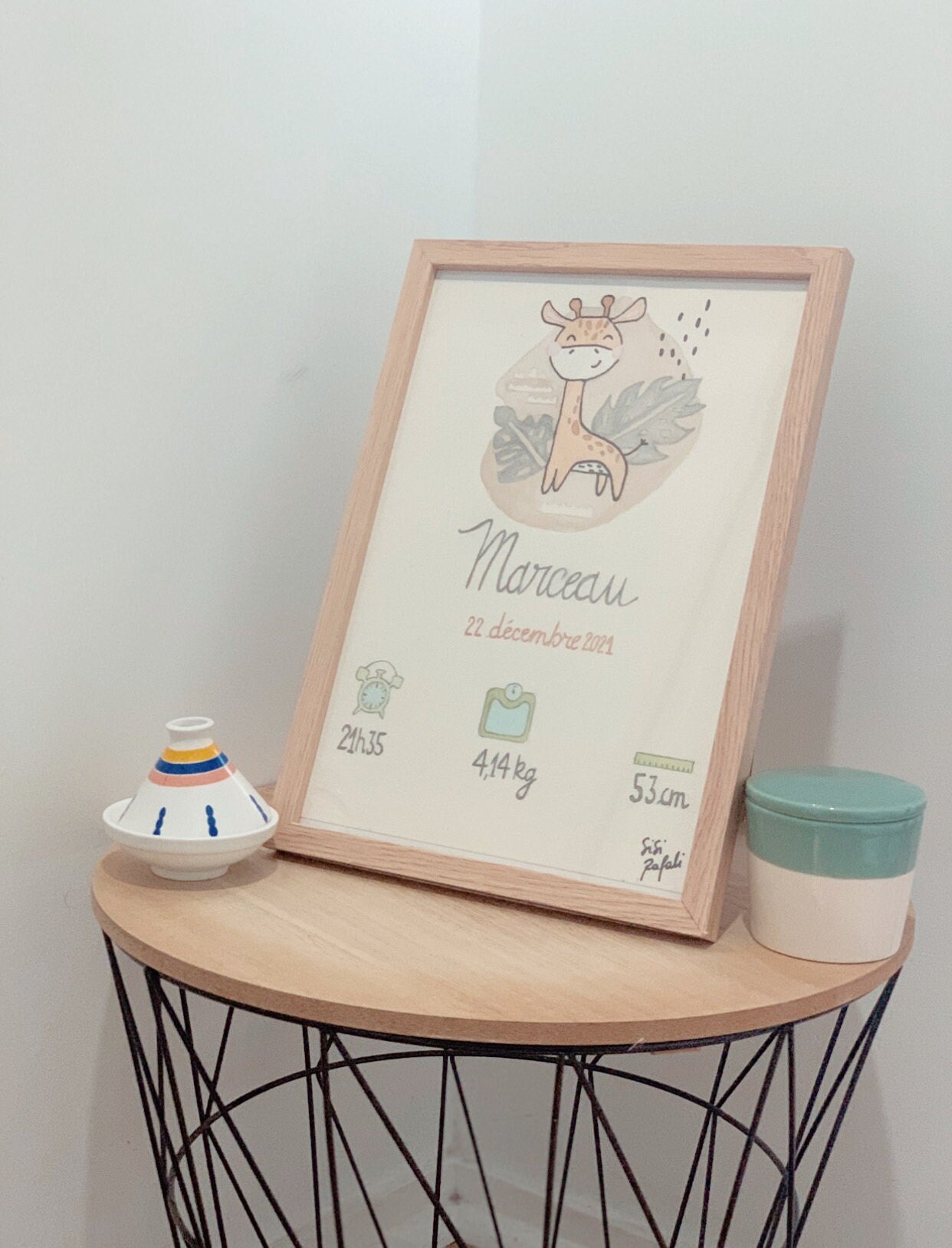 Cadre Cadeau de Naissance ou Anniversaire Personnalisé | Girafe Décoration Chambre Bébé Peinture Aqu