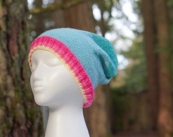 Hand Knit Slouchy Hat in Teal with Pink Trim