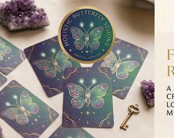 Puede incluir: Un juego de cartas de tarot con diseño de mariposa verde y morada, dispuesto con cristales de amatista y una pequeña llave dorada. Un logo circular dice Holistic Butterfly Visions. El texto dice: Full Tarot Reading, A comprehensive 10-card Celtic cross spread.