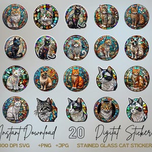 以下が含まれることがあります： ステンドグラス風の猫のイラストが描かれた、20枚のデジタルステッカーのコレクション。各ステッカーは、さまざまな猫の品種や模様を、鮮やかな多色のガラス効果を持つ円形のフレームに収めています。「Instant Download」と「Digital Stickers」の文字も表示されています。