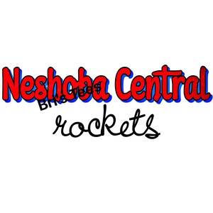 May include: Red and blue logo with the text "Neshaba Central Rockets" in a stylized font.