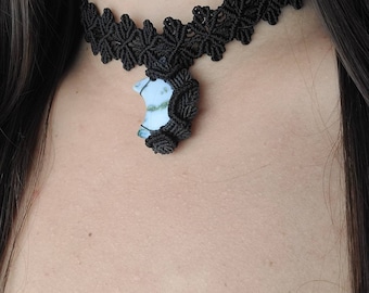 Crescent Moon Macrame Necklace with tree agate crystal